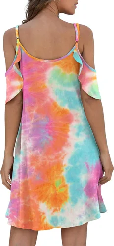 Vista 4 de Jouica Vestido de verano casual con tirantes delgados para mujer, hombros descubiertos, mangas con volantes y bolsillo