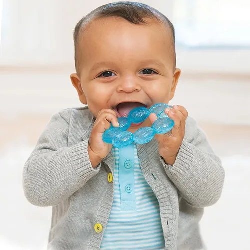 Vista 2 de Infantino Mordedores de Agua – Exploración Sensorial, Dentición, Alivio de Encías Doloridas con Enfriamiento y Masaje, Lima y Azul, Pack de 3