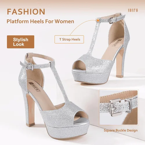 Vista 6 de IDIFU IN5 Polly - Sandalias de tacón alto grueso con correa en T para mujer, sandalias sexy con punta abierta, para boda, fiesta, graduación
