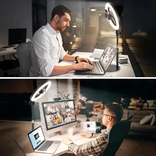 Vista 6 de Anillo de luz de escritorio de 10 pulgadas con soporte, iluminación de zoom con soporte para teléfono para computadora, videollamadas, conferencias