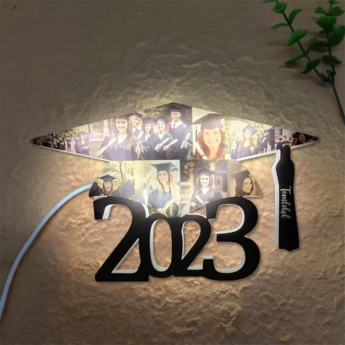 Vista 8 de Luces de pared personalizadas para collage de fotos de 1 a 10 años, gorra de graduación, luz acrílica, decoraciones de temporada de graduación