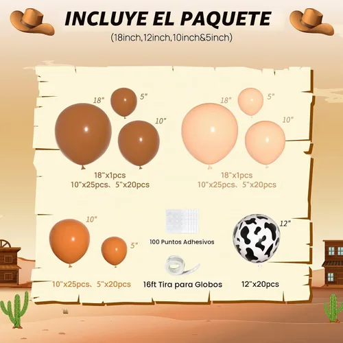 Vista 2 de JOGAMS Kit de guirnalda de arco de globos de vaca con 163 globos con estampado de vaca marrón desnudo para granja, vaquera occidental, temática