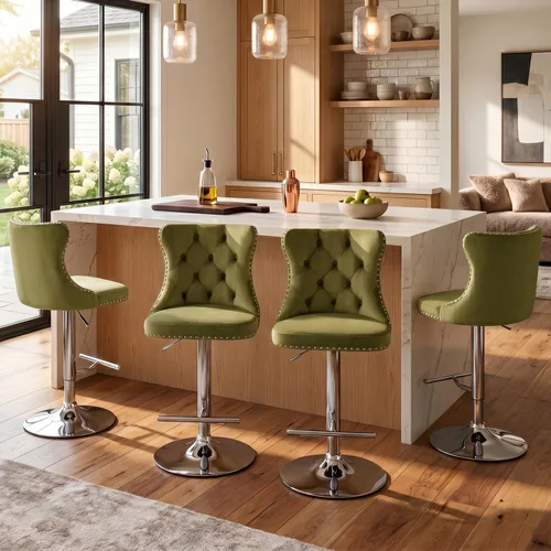 Vista 158 de SoarFlash Juego de 2 taburetes de bar tapizados de terciopelo moderno con patas de madera, botones acolchados, cabeza de clavo cromada, asiento