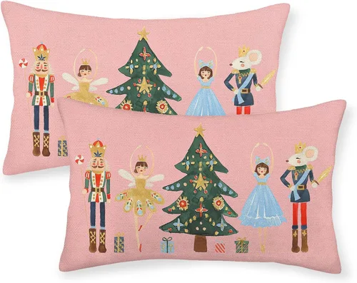 Vista 15 de Juego de 2 fundas de almohada navideñas de 16 x 16 pulgadas, fundas de almohada de lino color rojo con diseño de alces y ciervos de invierno