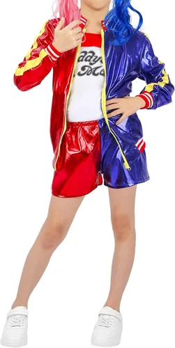 Vista 2 de Anqtovp Conjunto de disfraces de cosplay de Joker para niñas, disfraces de escuadrón de Halloween para niños con chaqueta, pantalones cortos