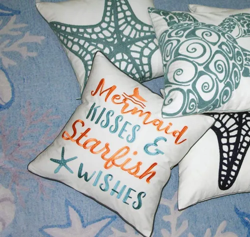 Vista 6 de Funda de almohada bordada con diseño de besos de sirena y deseos de estrella de mar, cuadrada de 18 pulgadas, funda de almohada decorativa de lona