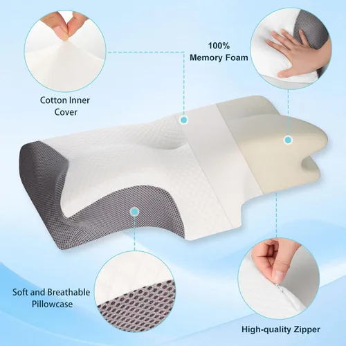 Vista 5 de Neck Pillow Ergonomic Orthopaedic Pillow Memory Foam Pillow 2 Height Options with Neck Support Ideal for Side Sleepers and Back Pain Grey