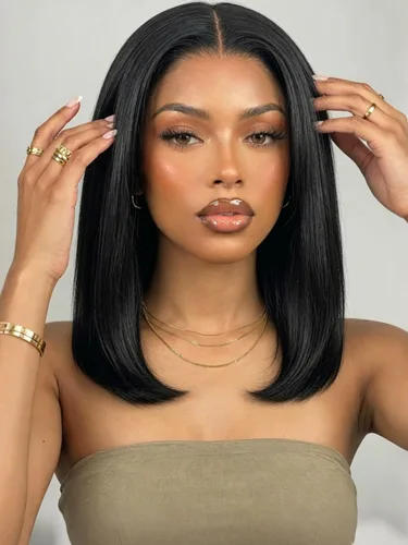 Vista 33 de KLAIYI Peluca de cabello humano con encaje frontal precortada 7x5, corte Bob en capas, corte romo, cordón sin pegamento, peluca predepilada