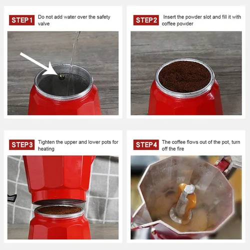 Vista 4 de Cafetera para estufa, 5.1 fl oz, 3 tazas de aluminio estilo italiano clásico, válvula de alivio de seguridad integrada con mango ergonómico