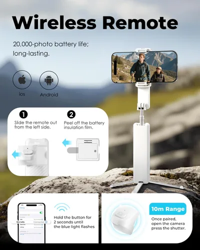 Vista 3 de Viozon Trípode inalámbrico de aleación de aluminio con control remoto desmontable, soporte de teléfono extensible ligero compatible con teléfonos