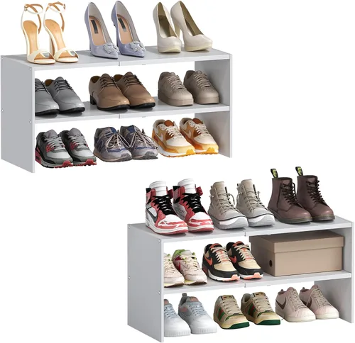 Vista 10 de Organizador de zapatos blanco expandible de 2 niveles para armario, estante de almacenamiento apilable para zapatos, estantes pequeños de zapatos