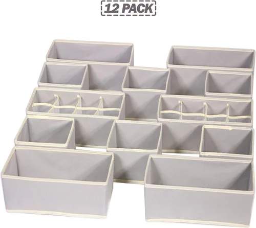 Vista 7 de Juego de 12 cajones plegables divisores de tela, caja de almacenamiento de armario, cómoda, cubo, contenedores de tela para ropa interior, Gris