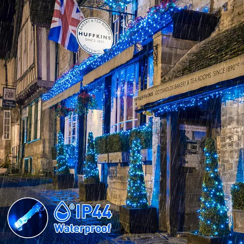 Vista 9 de JMEXSUSS 150 luces LED azules de Navidad para interiores y exteriores, luces de cadena conectables de 59 pies con enchufe, 8 modos de luces de hadas