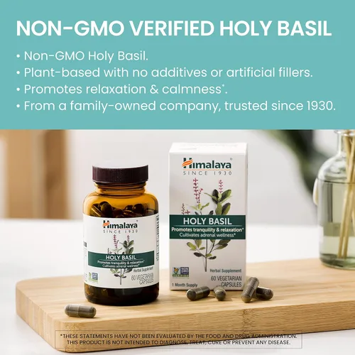 Vista 3 de Himalaya Holy Basil - Soporte suprarrenal herbal para alivio del estrés, relajación, apoyo energético e insomnio ocasional - Vegano, sin OGM, sin