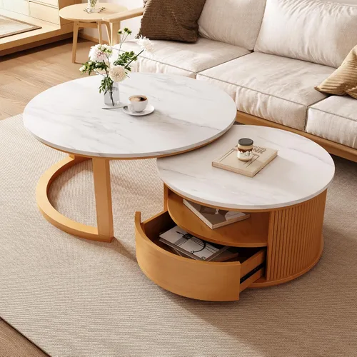 Vista 15 de Mesa de café redonda, mesa de café moderna de 31.5" con 2 cajones grandes de almacenamiento, tapa de mesa con patrón de mármol, mesa central
