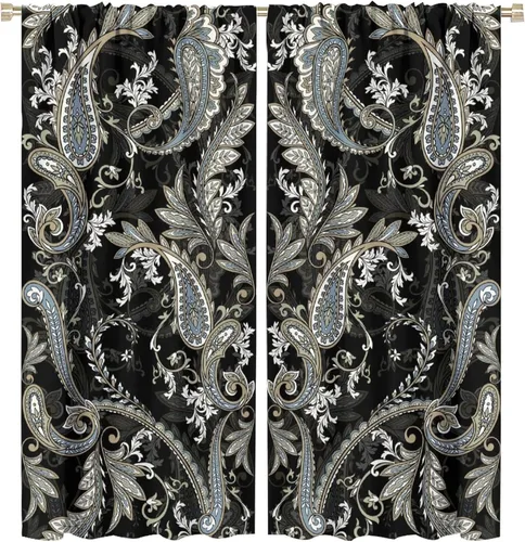 Vista 244 de Cortinas opacas con estampado de flores de cachemira, estampado de cachemira sobre fondo blanco, para decoración del hogar, cocina, restaurante
