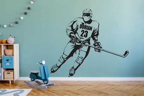 Vista 3 de Calcomanía de pared personalizada de jugador de hockey con nombre y número personalizados, arte de pared de vinilo para entusiastas