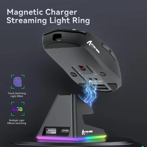Vista 4 de ATTACK SHARK X6 - Mouse inalámbrico ligero para juegos con base de carga de retroiluminación RGB, cable trimodo/2.4GHz/BT5.2, 26K DPI, sensor óptico