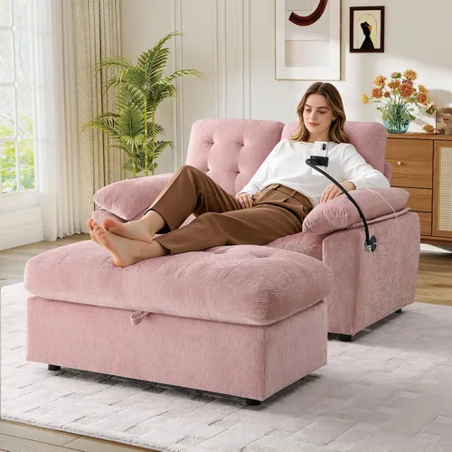 Vista 10 de Chaise Lounge Chair para interiores con puerto USB y soporte para teléfono, sillón reclinable pequeño de felpilla con otomana de almacenamiento
