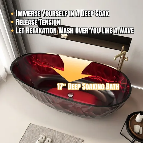 Vista 3 de Bañera independiente transparente de 67 pulgadas – Bañera de superficie sólida de diseño con textura ondulada, bañera de remojo extra profunda