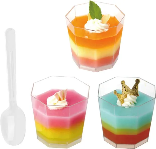 Vista 4 de Foraineam Paquete de 100 vasos de postre de plástico transparente de 5.4 onzas con 100 cucharas desechables reutilizables para aperitivos, cuencos