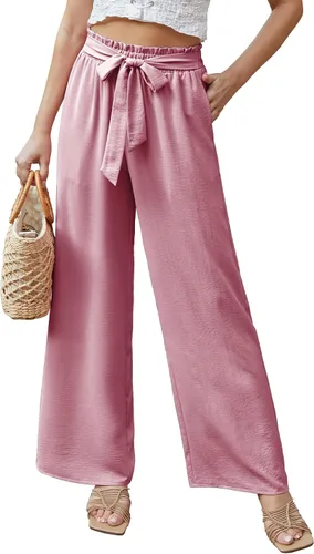Vista 2 de Feiersi Pantalones casuales de pierna ancha para mujer, de cintura alta, para negocios, trabajo, casual, holgados, holgados, para playa, palazzo