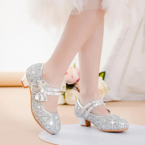 Vista 2 de Zapatos de vestir para niñas pequeñas, zapatos de princesa con flores, tacones bajos, fiesta, boda, para niños pequeños y grandes