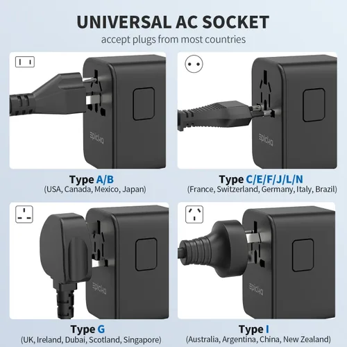 Vista 5 de EPICKA Adaptador universal de viaje, adaptador de enchufe internacional GaN de 70 W con carga rápida PD y cubos de embalaje de compresión EPICKA
