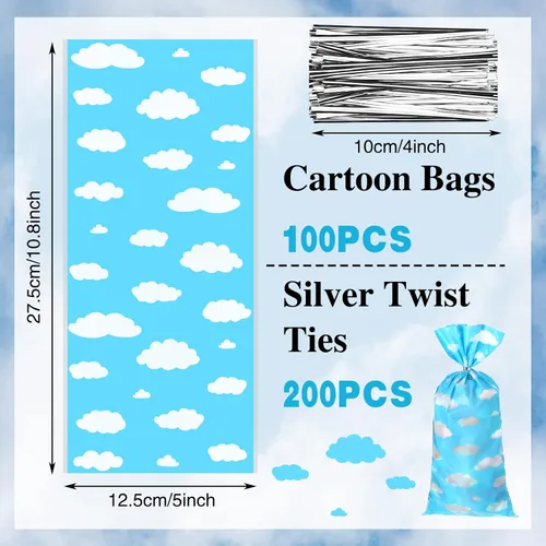 Vista 2 de Outus 100 bolsas de regalo para fiesta de juguete, cielo azul, nubes blancas, bolsas de regalo de cielo azul con lazos giratorios para niños