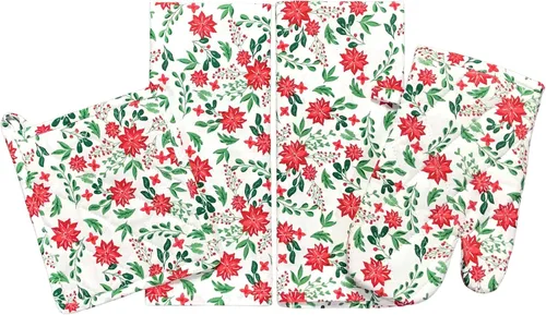 Vista 21 de Paños de Cocina y Agarraderas Navideños - Juego Alegre de Navidad de 4 Piezas 100% Algodón Verde Rojo Blanco - Dos (2) Paños de Cocina, Un (1)