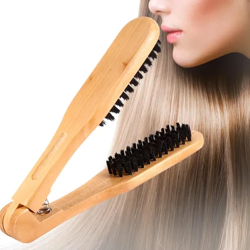 Vista 8 de Peine alisador de cabello de doble cepillo, mango de madera, antiestático, calor para cabello suave y suave, funciona con secador de pelo