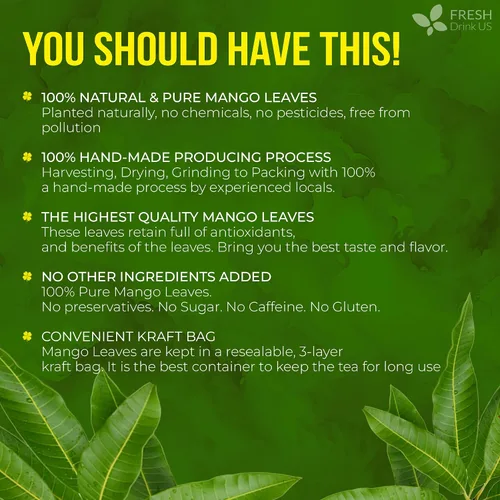 Vista 3 de FreshDrinkUS, Más de 140 hojas enteras de mango secas, 100% natural y puro de té de hojas de mango secas, sin aditivos, sin cafeína, vegano