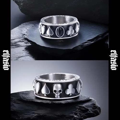 Vista 19 de Anillos de calavera gótica vintage para hombres y mujeres, acero inoxidable, ónix negro, anillo de póquer, anillo de esqueleto plateado