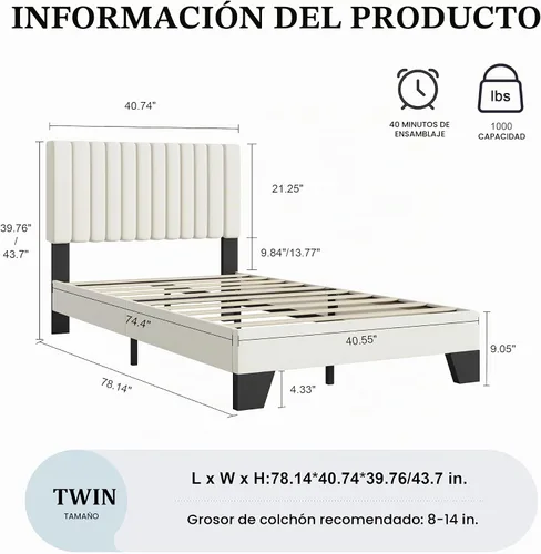 Vista 2 de IOILORI Marco de cama tamaño Twin, plataforma tapizada de terciopelo con cabecera ajustable capitoné, marco resistente y listones, silencioso,