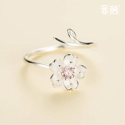 Vista 3 de Aretes para mujer, anillo ajustable de plata de ley S925, diseño moderno de flor de cerezo rosa, circonita cúbica, a la moda, ajustable