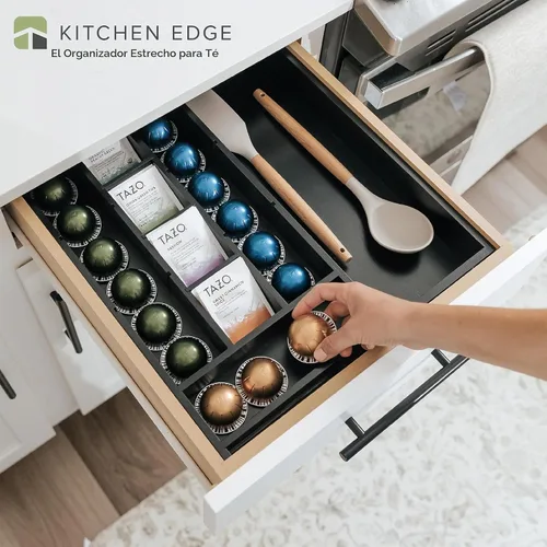 Vista 2 de KitchenEdge Organizador de cajón de cocina para bolsitas de té y cápsulas de café, expandible de 9.7 a 17 pulgadas, 10 compartimentos de Negro Bambú