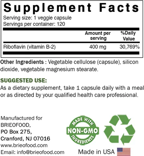 Vista 2 de Brieofood Vitamina B2 (riboflavina) 400 mg, 120 cápsulas vegetarianas, sin gluten, sin OMG