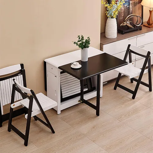 Vista 3 de Mesa y sillas plegables, mesa de comedor de extensión de hojas caídas con ruedas y cajón, juego de mesa de comedor de madera maciza de 5 piezas Negro