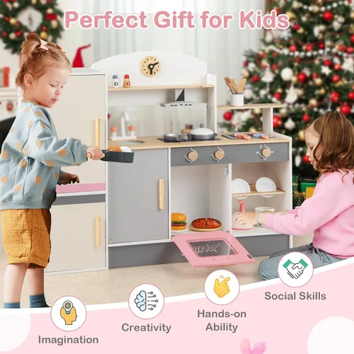 Vista 8 de HONEY JOY Juego de cocina para niños, cocina de madera 3 en 1 para niños pequeños, refrigerador y parrilla de barbacoa, campana extractora, estante