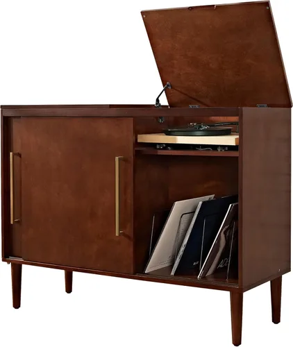 Vista 13 de Consola de medios y soporte para tocadiscos Crosley Furniture Everett con almacenamiento para discos de vinilo, color Avellano Acorn