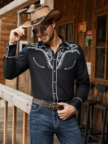 Vista 3 de Daupanzees Camisas bordadas de manga larga para hombre, ajustadas, casuales, con botones