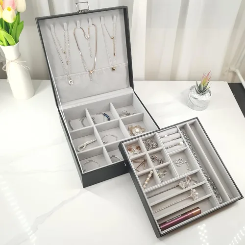 Vista 6 de BOOVO Joyero de piel sintética con cerradura organizador de joyas multifuncional para mujer adecuado para almacenamiento collares anillos pulseras