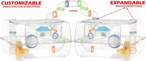 Vista 3 de Gran Deluxe de 2 pisos acrílico transparente hámster ratón, palacio, reptiles, hábitat, extensible y personalizable, rueda de ejercicio, botella