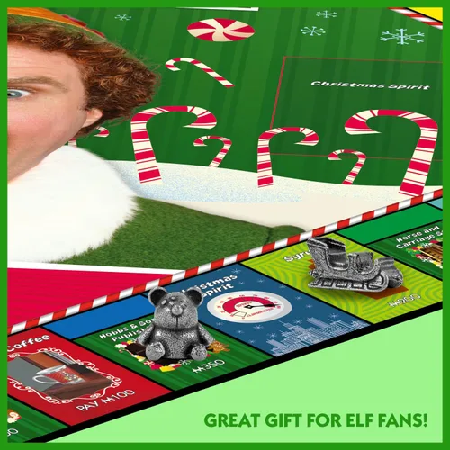Vista 9 de Winning Moves Juego de mesa de monopolio elfo, elige tu ficha festiva y avanza al taller de Papá Noel y al edificio Empire State, ahorra Navidad