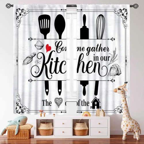Vista 5 de Cortinas de cocina rústicas, color negro y blanco, tablón de madera con cuchillo y cuchara para barra, bolsillo para barra, tratamiento de ventana