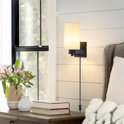 Vista 6 de KOONTING® Juego de 2 apliques de pared enchufables, lámpara de pared rústica con cable de enchufe e interruptor de palanca de encendido/apagado, Lino