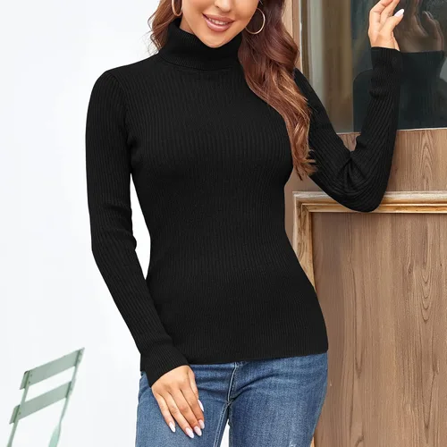 Vista 2 de Rocorose Suéter de cuello alto acanalado para mujer, manga larga, tejido sólido