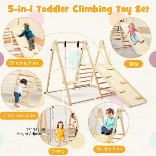 Vista 2 de HONEY JOY Gimnasio de la selva interior para niños, gran juego de escalador 5 en 1 con columpio para bebé, rampa deslizante, escalera y pared