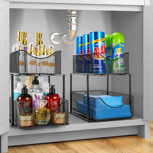 Vista 2 de Sorbus Organizador de metal para debajo del fregadero de 2 niveles para baño, cocina, cajones deslizantes de malla de acero fuerte para debajo