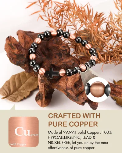 Vista 3 de Feraco Pulsera magnética de cobre puro para hombres y mujeres, 0.315 in, 99.99% cobre sólido y 3500 cuentas de hematita magnética Gauss, pulsera